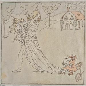 Pierre Lievre "the Fairy And The Gnome" Original Drawing Ink & Watercolor Art Nouveau Decadence