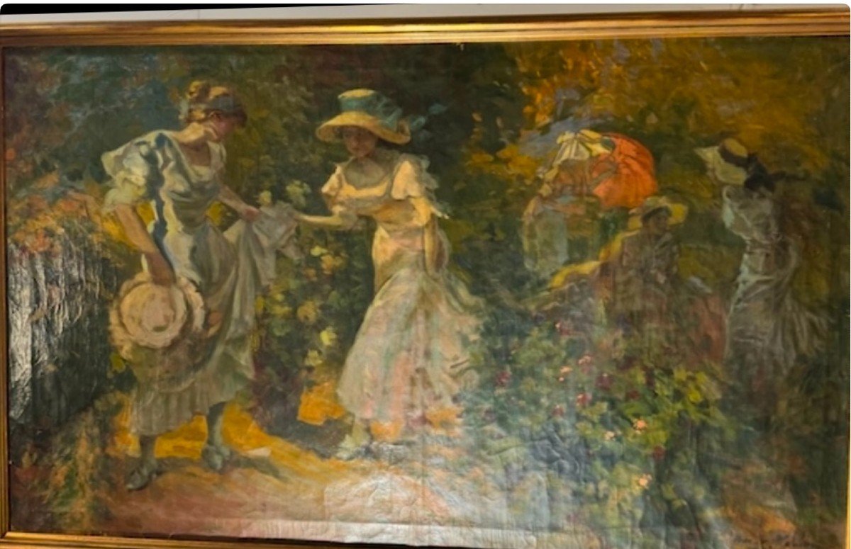 Huile Sur Toile Post Impressionniste "elégantes En Extérieur"