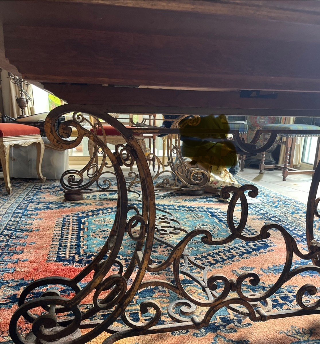 Large Wrought Iron Leg Table With Parchment Top-photo-4