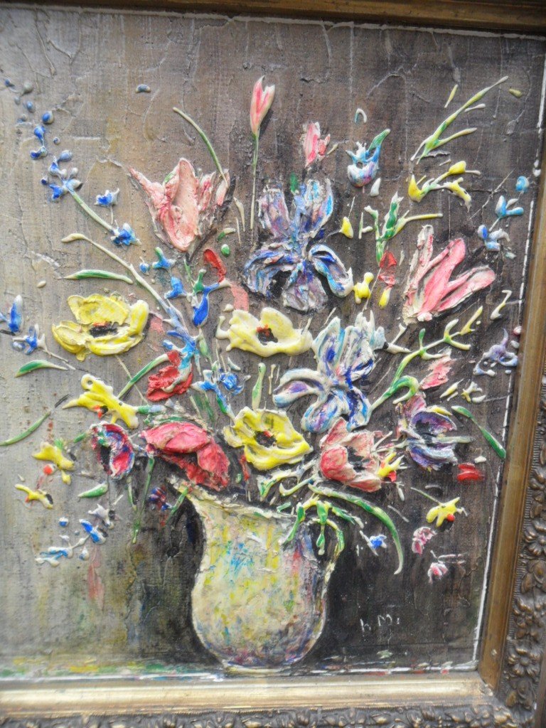 Knife Painting, Vase Of Flowers On Panel-photo-2