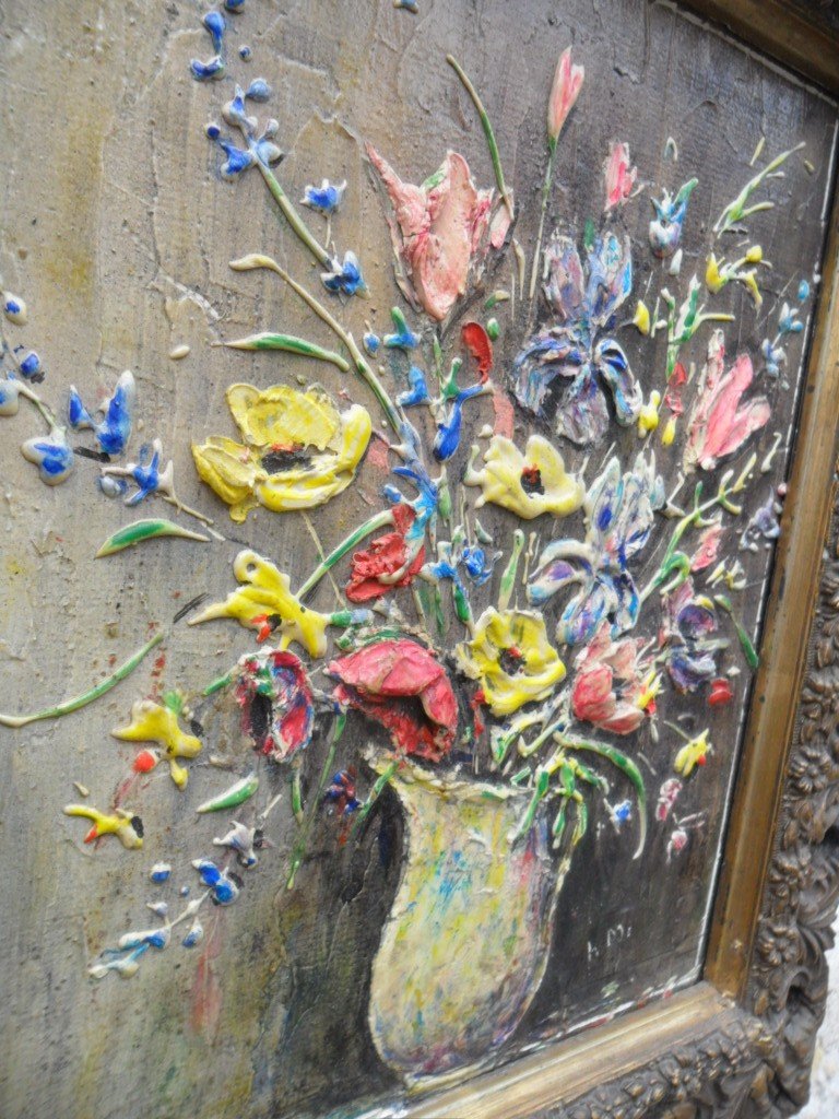 Knife Painting, Vase Of Flowers On Panel-photo-4