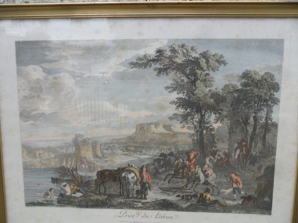 Large 18th Century Colored Engraving "capture Of The Heron"-photo-1