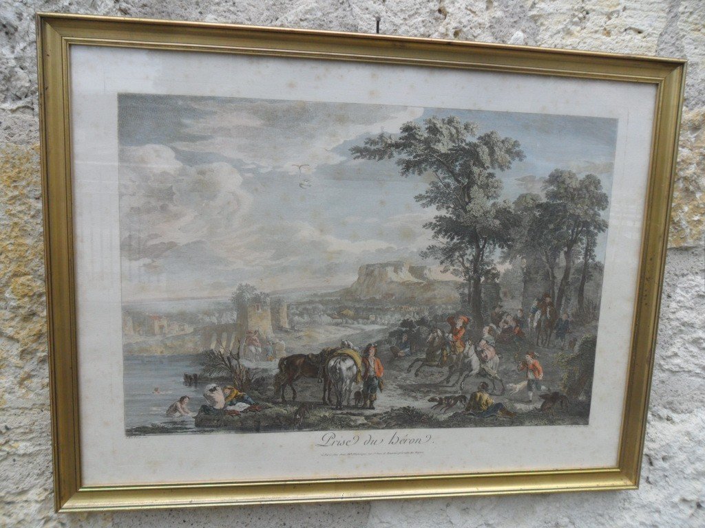 Large 18th Century Colored Engraving "capture Of The Heron"-photo-4