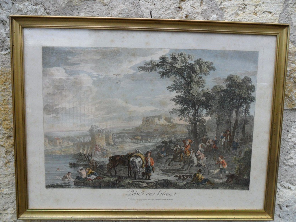 Large 18th Century Colored Engraving "capture Of The Heron"