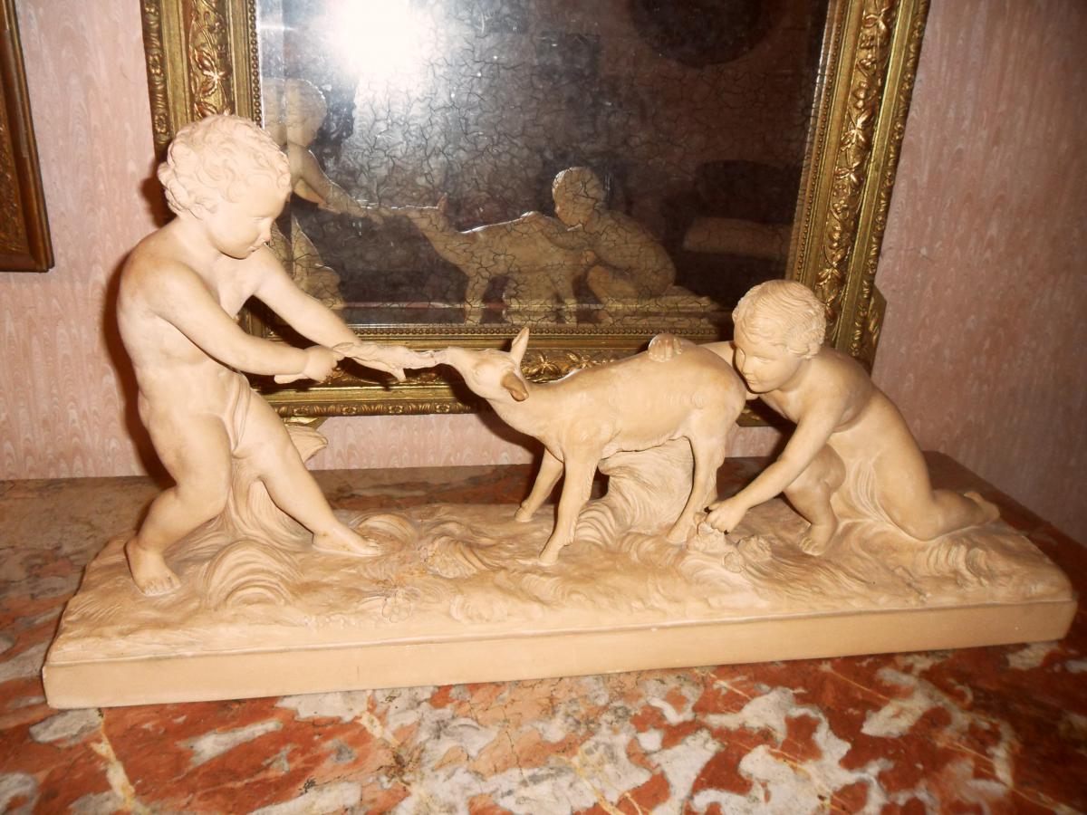 Terracotta "children And Doe" By Hugo Cipriani-photo-2