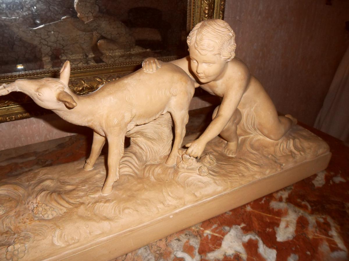 Terracotta "children And Doe" By Hugo Cipriani-photo-3