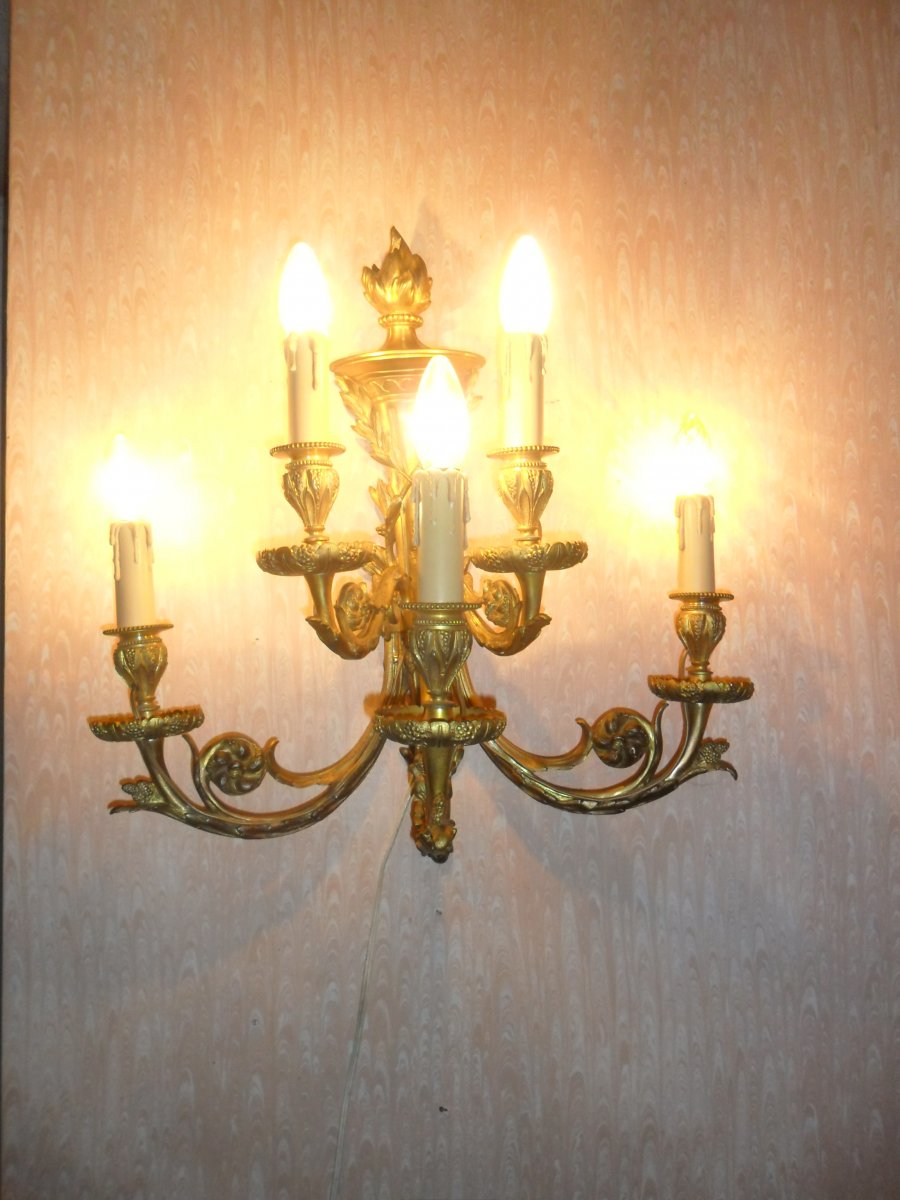 Large Pair Of 5 Light Louis XVI Style Gilt Bronze Sconces-photo-1