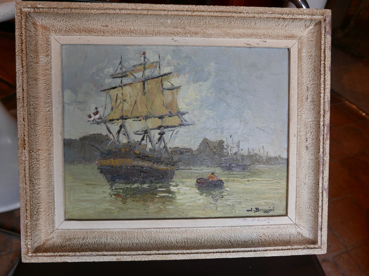 Oil On Marine Canvas By J.broggini 20th Century