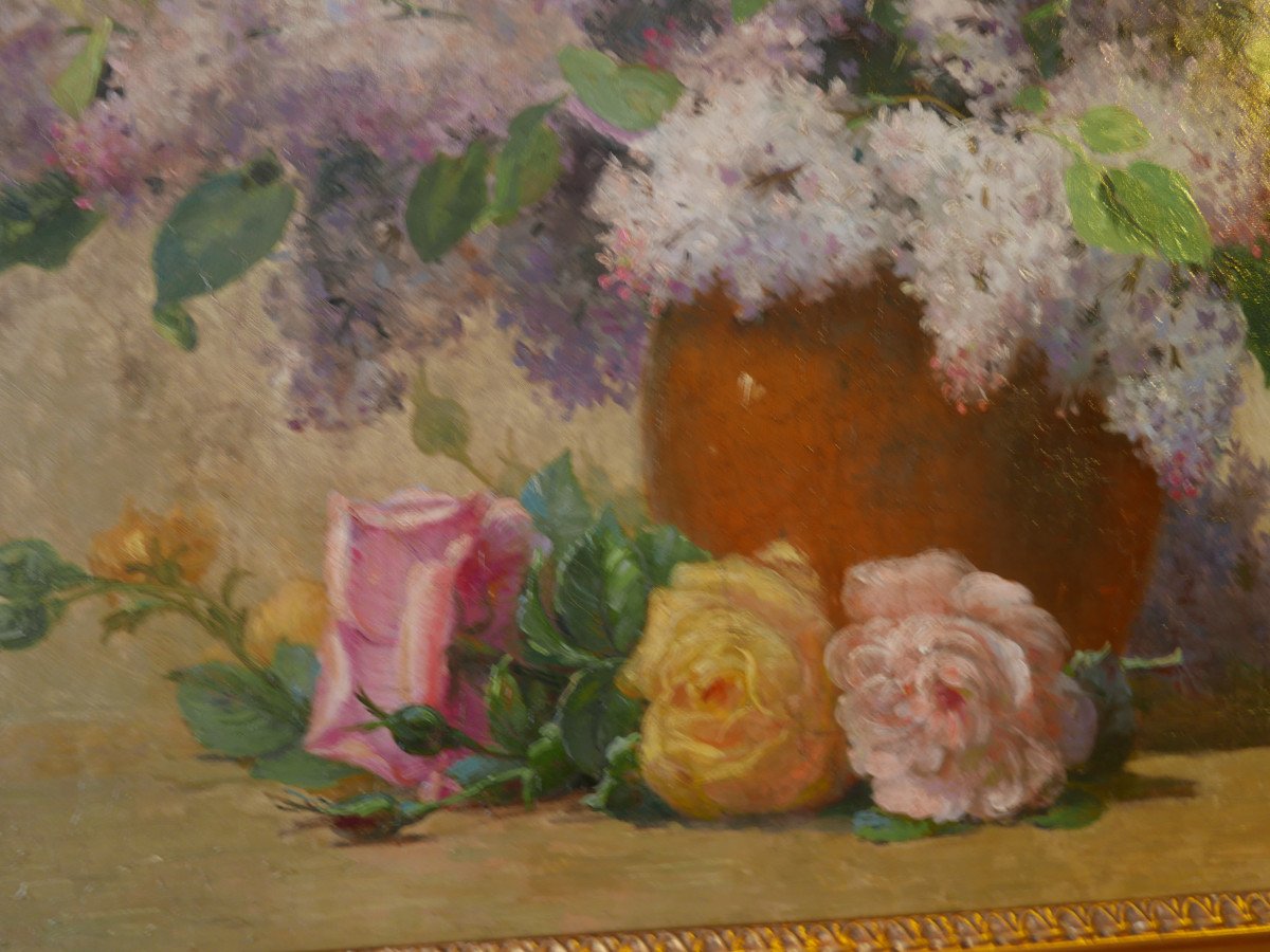 Oil On Canvas "bouquet Of Lilacs" Louis Félix Bigaux-photo-3