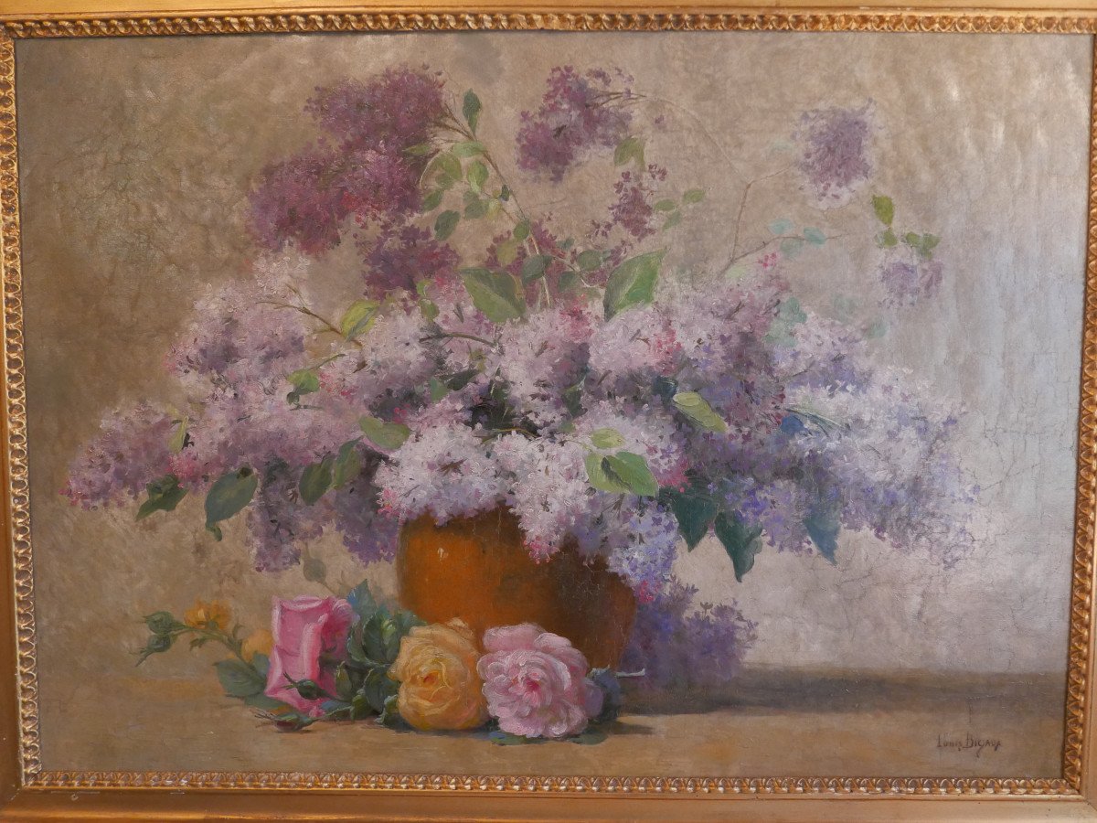 Oil On Canvas "bouquet Of Lilacs" Louis Félix Bigaux-photo-4