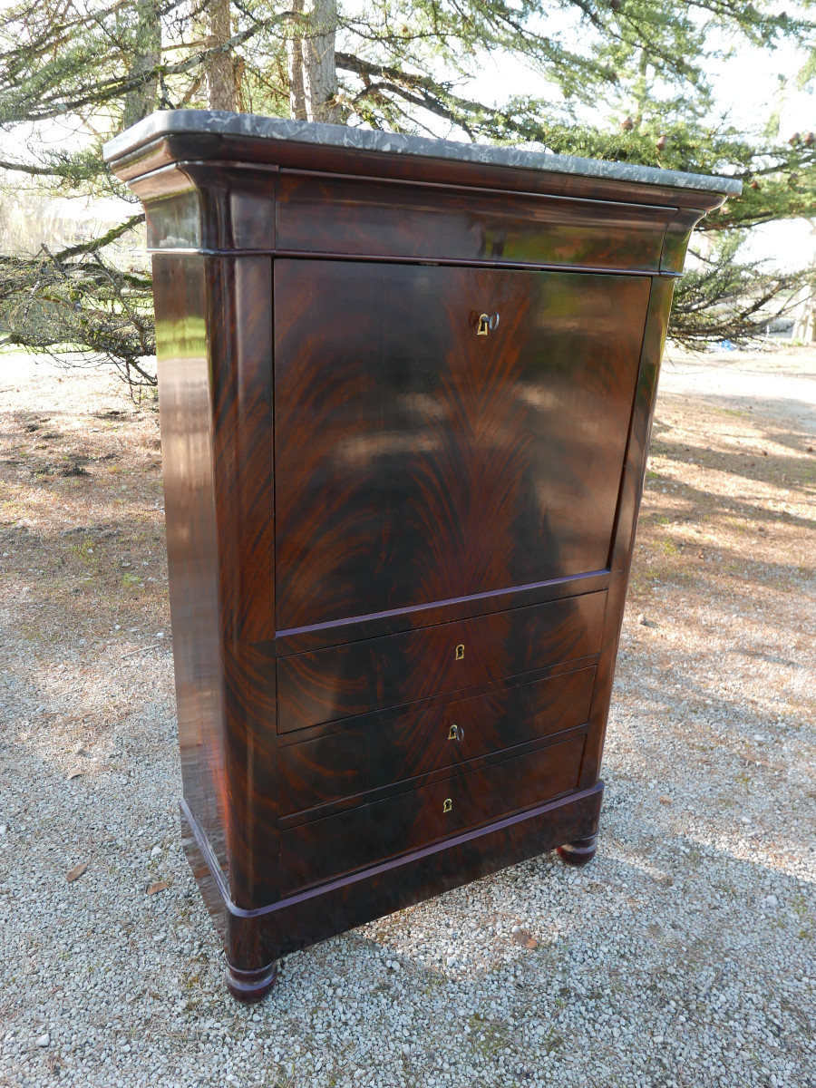 Restoration Period Flamed Mahogany Secretary.