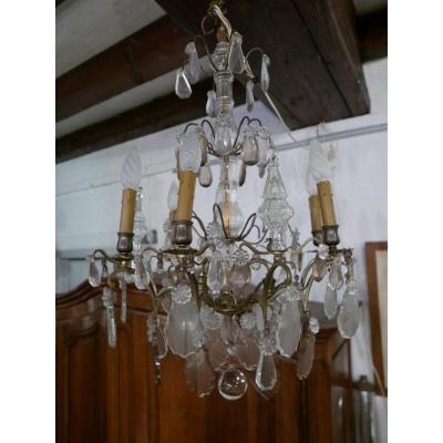 Chandelier A Pampilles Early 20th In Bronze, Crystal And Glass