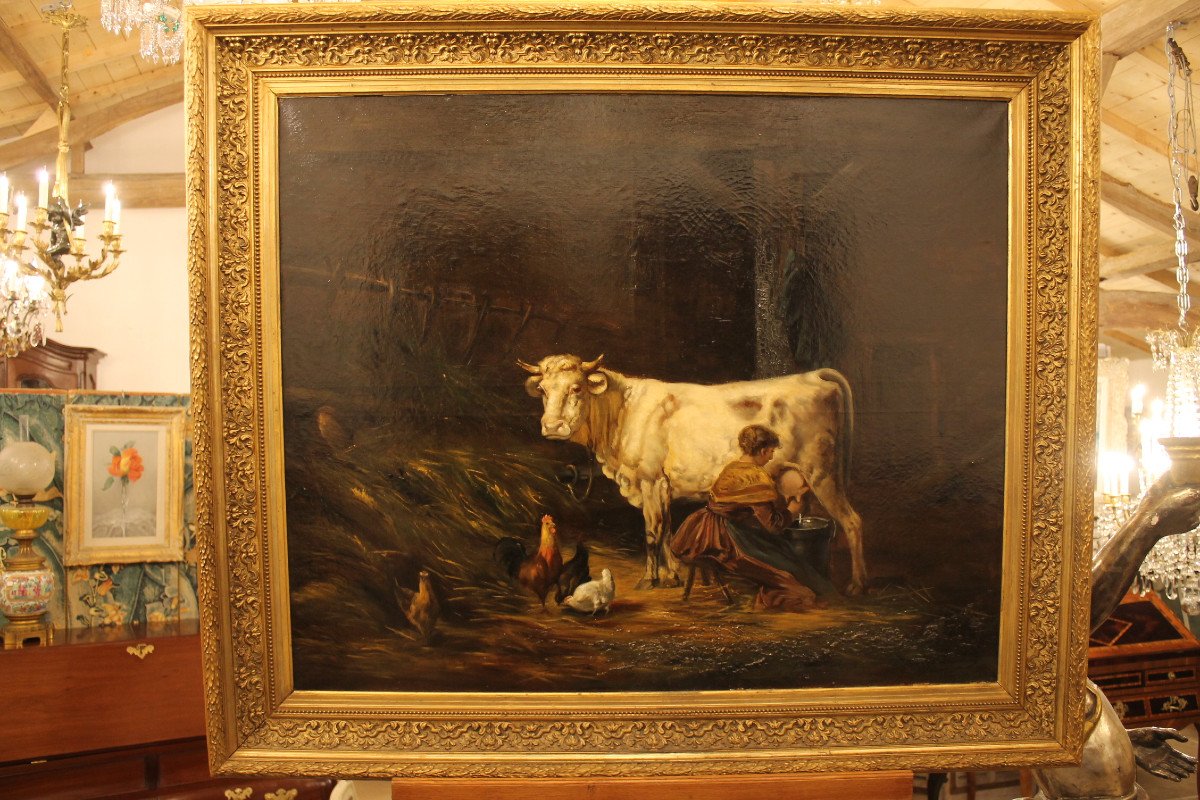 Jeanne LAURENT - La Traite, importante huile sur toile signée et datée 1899