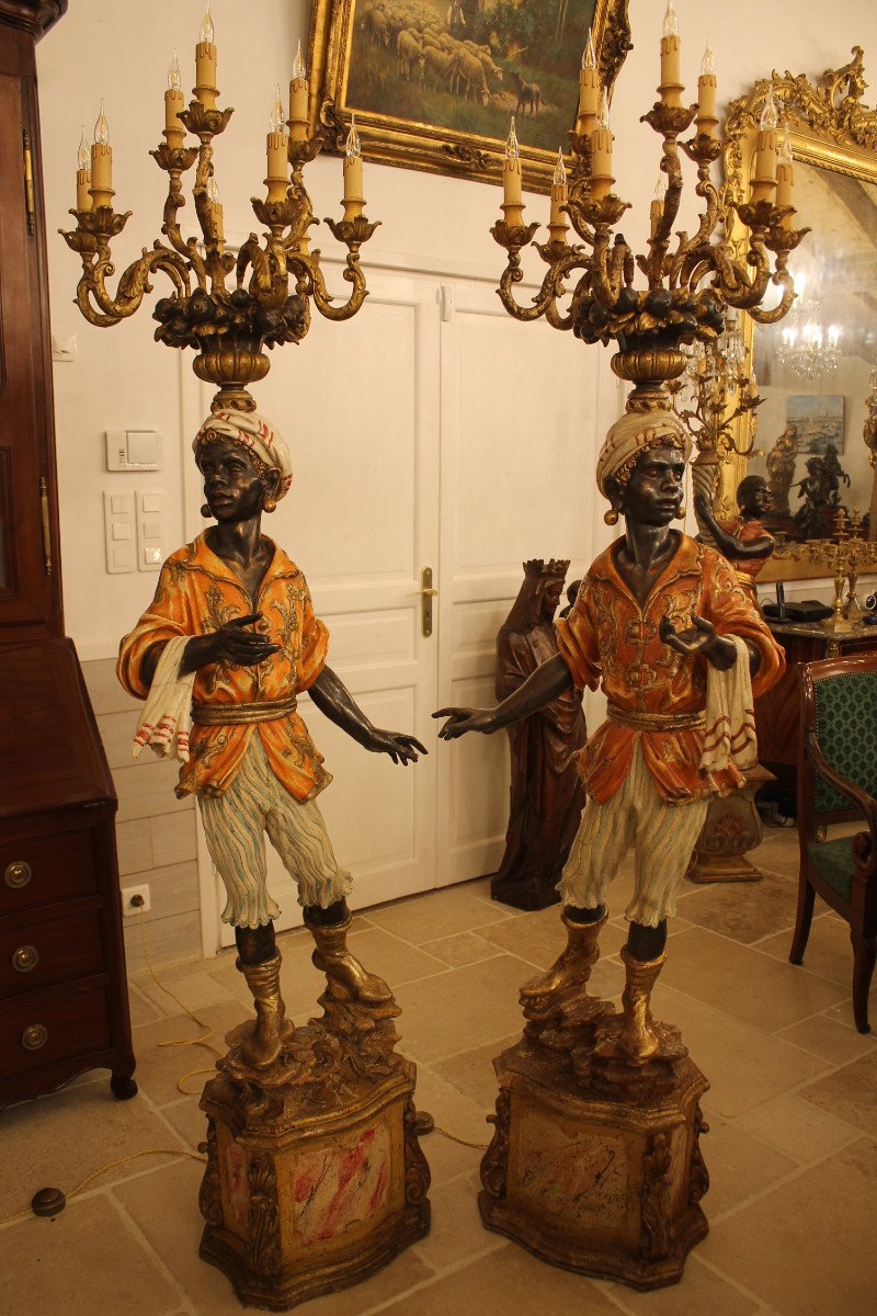 Two Nubian Door Torchieres In Polychrome Carved Wood And Gilded Stucco, Venetian Work-photo-2