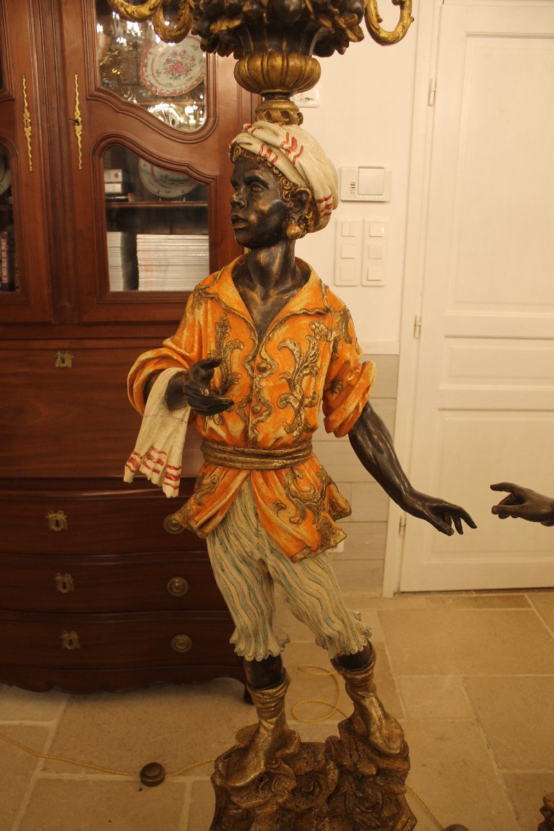 Two Nubian Door Torchieres In Polychrome Carved Wood And Gilded Stucco, Venetian Work-photo-4