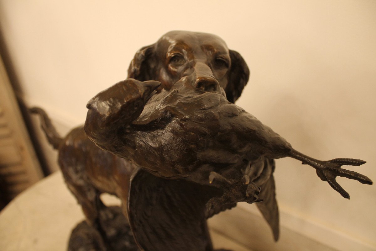 Lienard Emile - Spaniel With Pheasant, Important Bronze Sculpture-photo-1