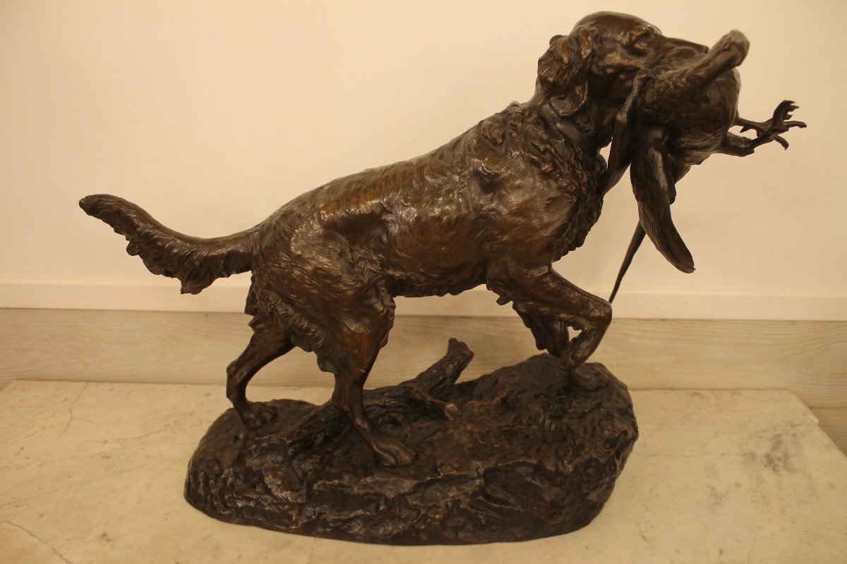 Lienard Emile - Spaniel With Pheasant, Important Bronze Sculpture