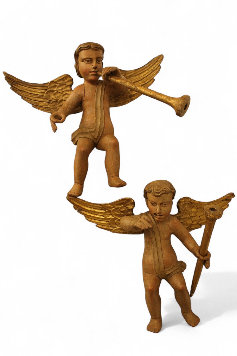 Pair Of Cherubs In Polychrome Carved Wood, Eighteenth Time