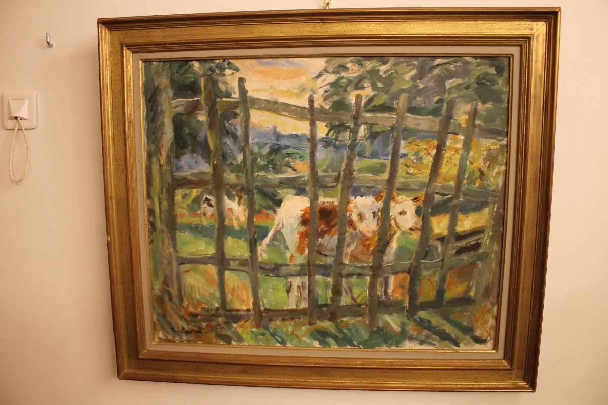 René Levrel - Young Calves In The Meadow, Oil On Canvas