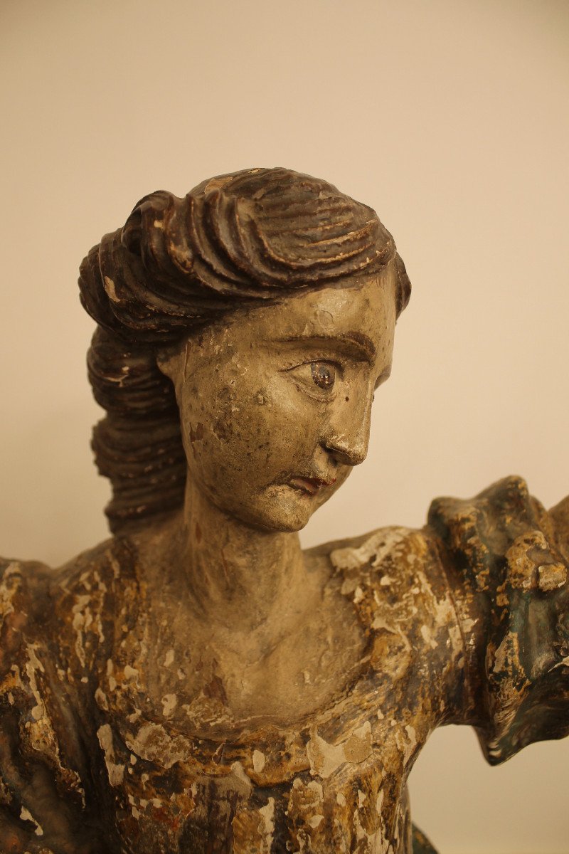 Young Woman In Armor, Polychrome Wooden Sculpture, 17th Century Period-photo-2