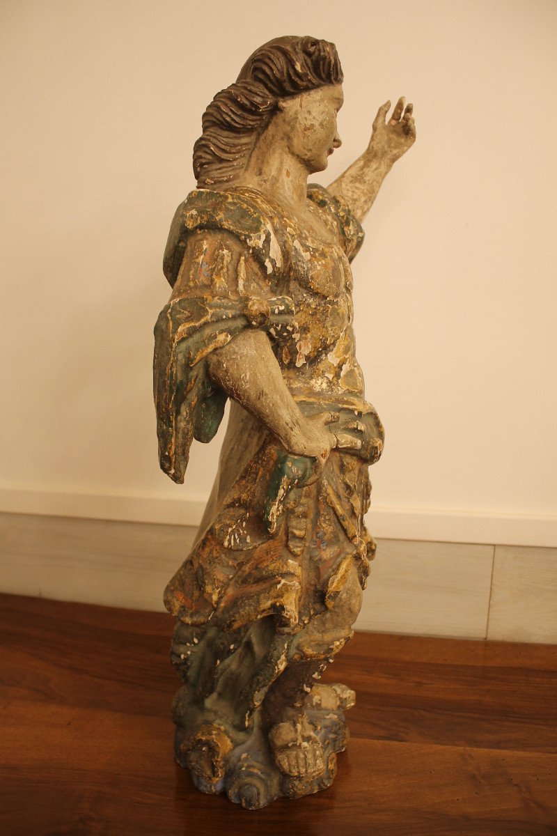 Young Woman In Armor, Polychrome Wooden Sculpture, 17th Century Period-photo-2