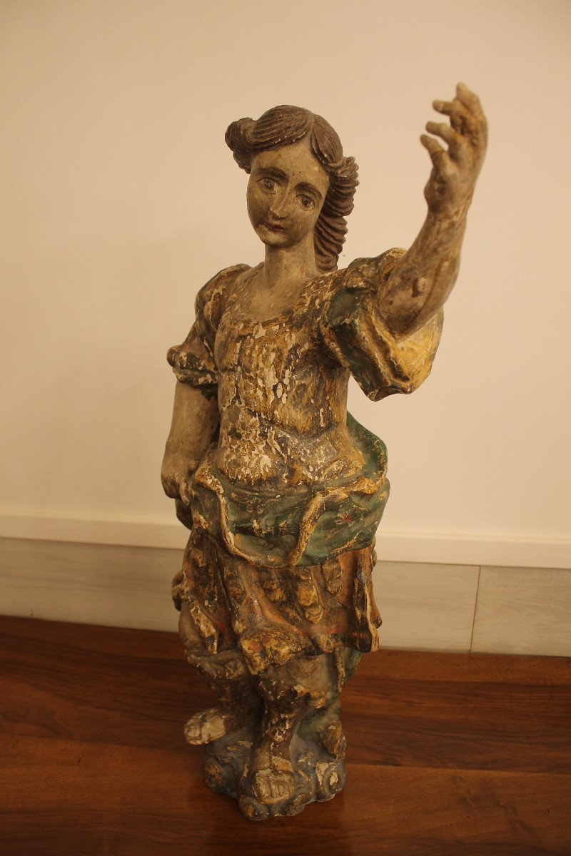 Young Woman In Armor, Polychrome Wooden Sculpture, 17th Century Period-photo-6