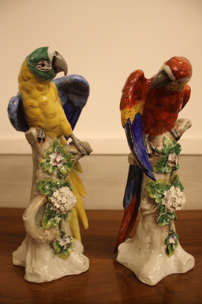 Couple De Perroquets En Porcelaine Polychrome De Sitzendorf