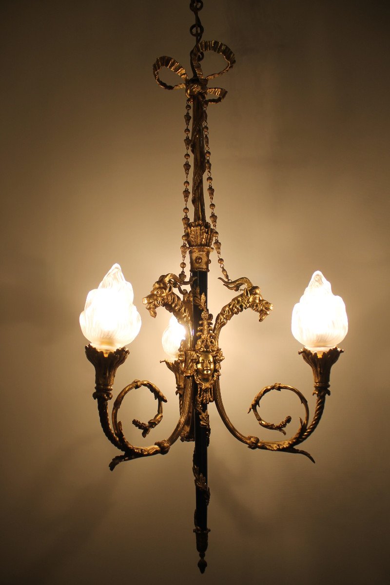 Louis XVI Style Chandelier In Gilt And Lacquered Bronze, Late 19th Century