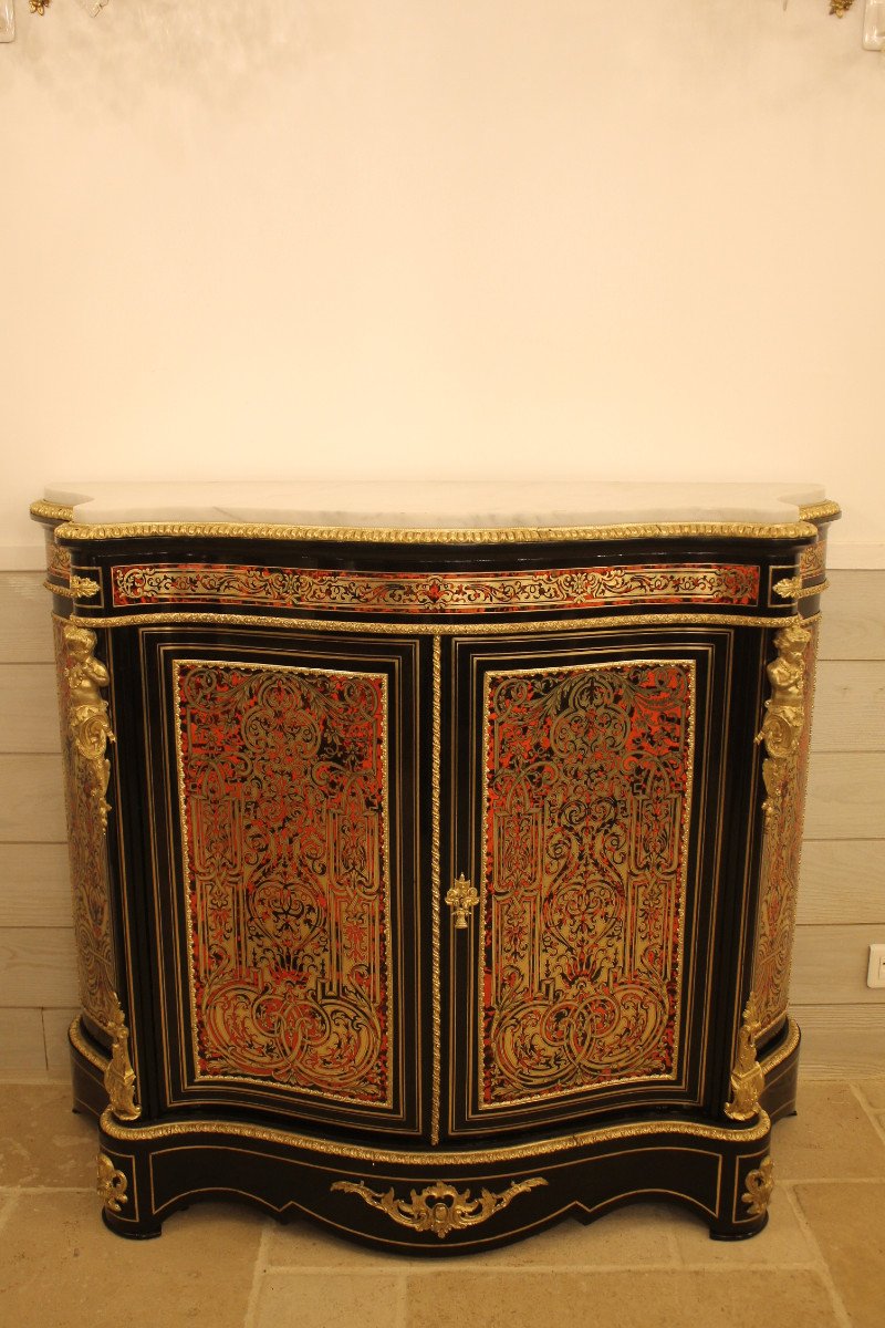 Curved Support Cabinet In Boulle Marquetry, Napoleon III Period-photo-2