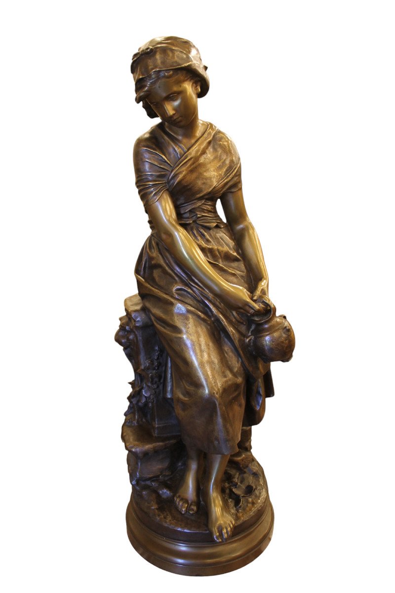 Moreau Mathurin (1822-1912) - Jeune Fille à La Cruche, Grande Sculpture En Bronze