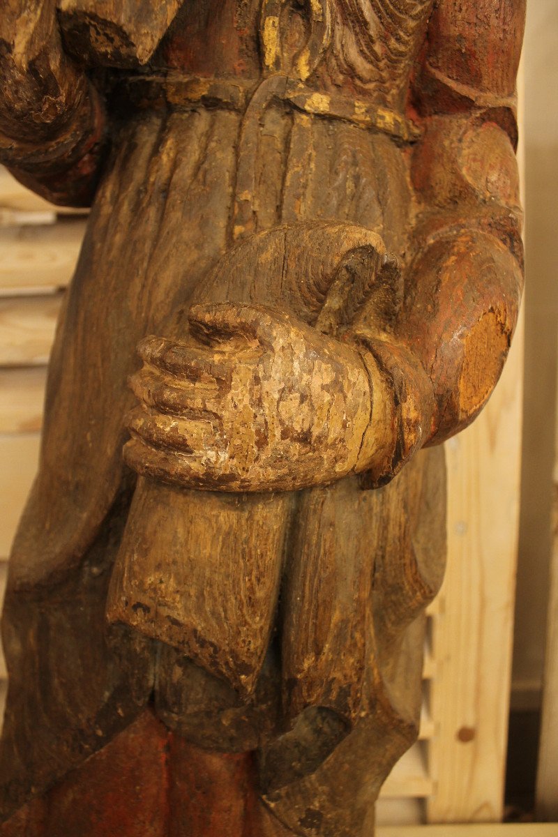 Saint In Polychrome Carved Wood, Germany Late 16th Early 17th Century-photo-7