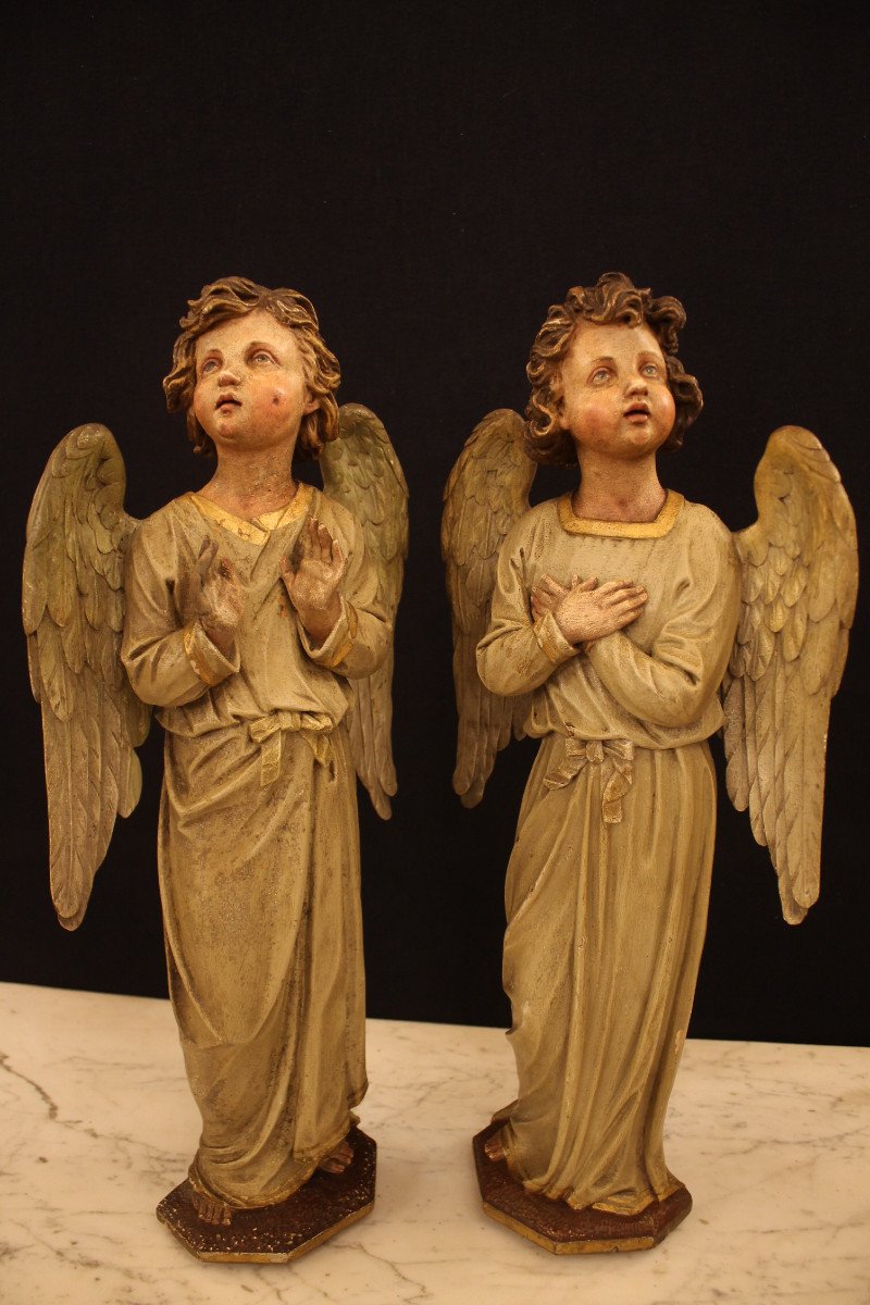 Paire d'Anges En Bois Sculpté, époque XIXe Siècle-photo-2