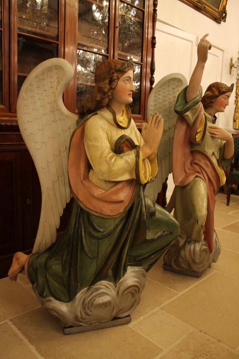 Important Pair Of Angels Carved Polychrome Wood-photo-4