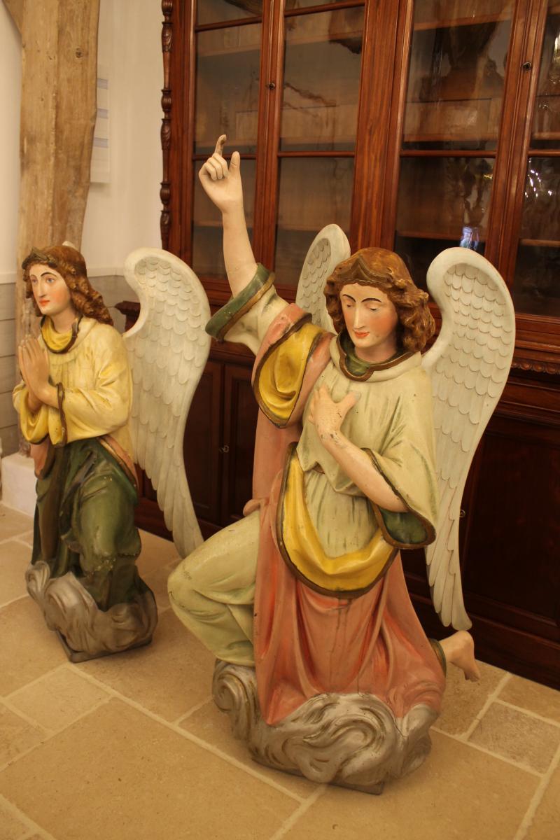 Important Pair Of Angels Carved Polychrome Wood-photo-2