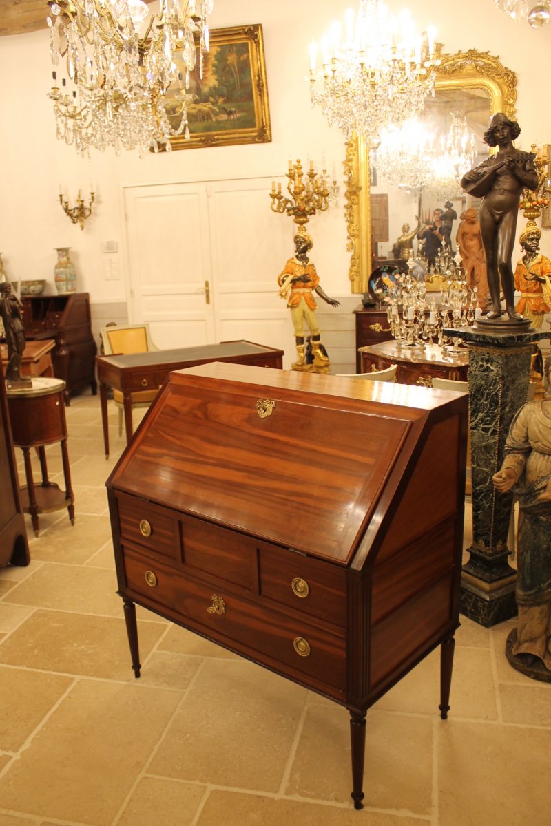 Bureau De Pente Louis XVI En Bois De Satiné Massif, époque XVIIIème Siècle-photo-8