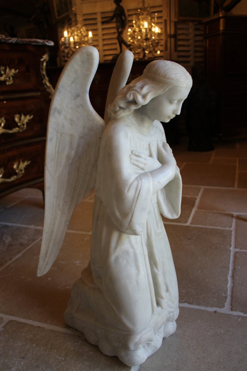 Deux Anges Adorateurs En Marbre De Carrare, époque XIXème Siècle-photo-4