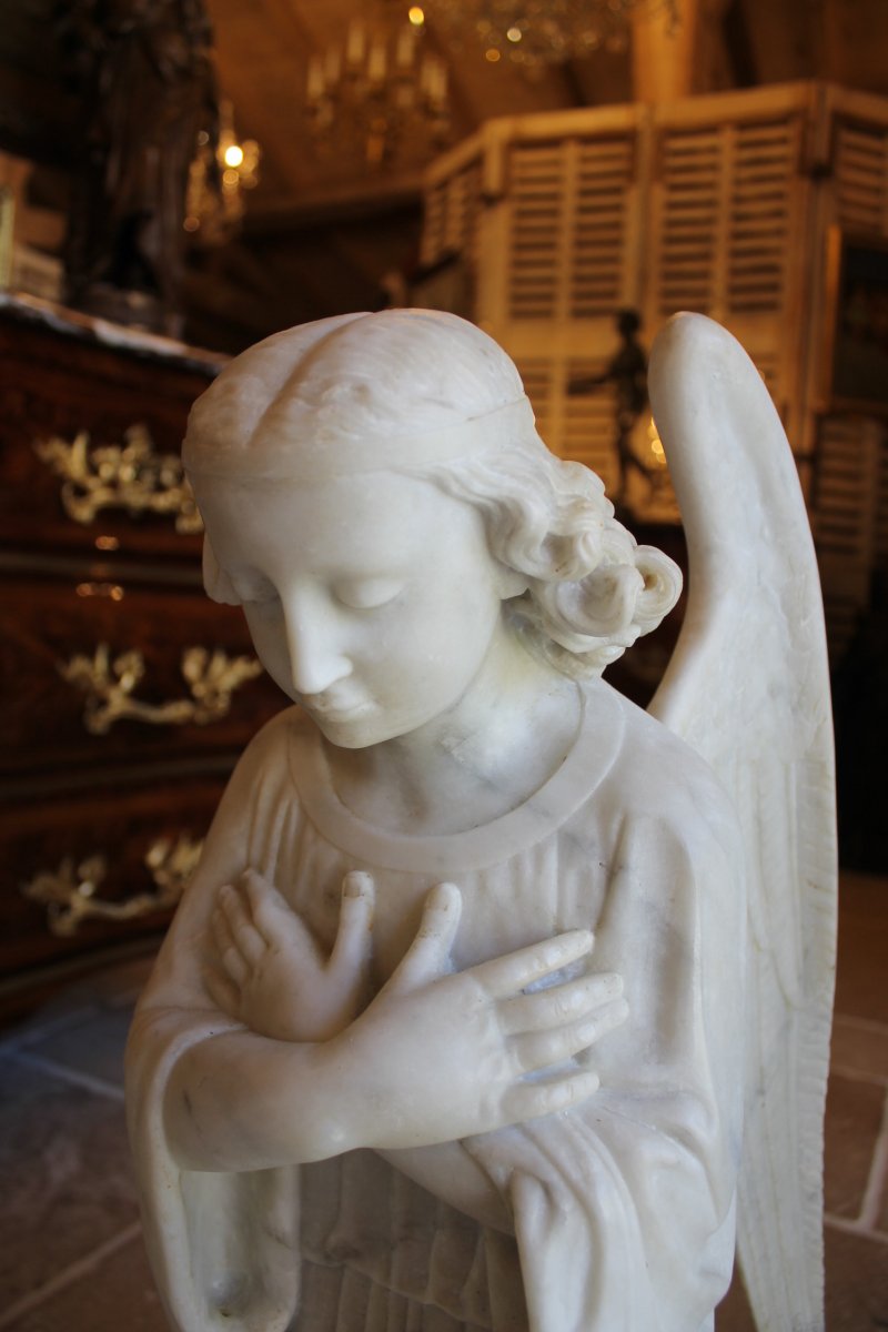 Deux Anges Adorateurs En Marbre De Carrare, époque XIXème Siècle-photo-2