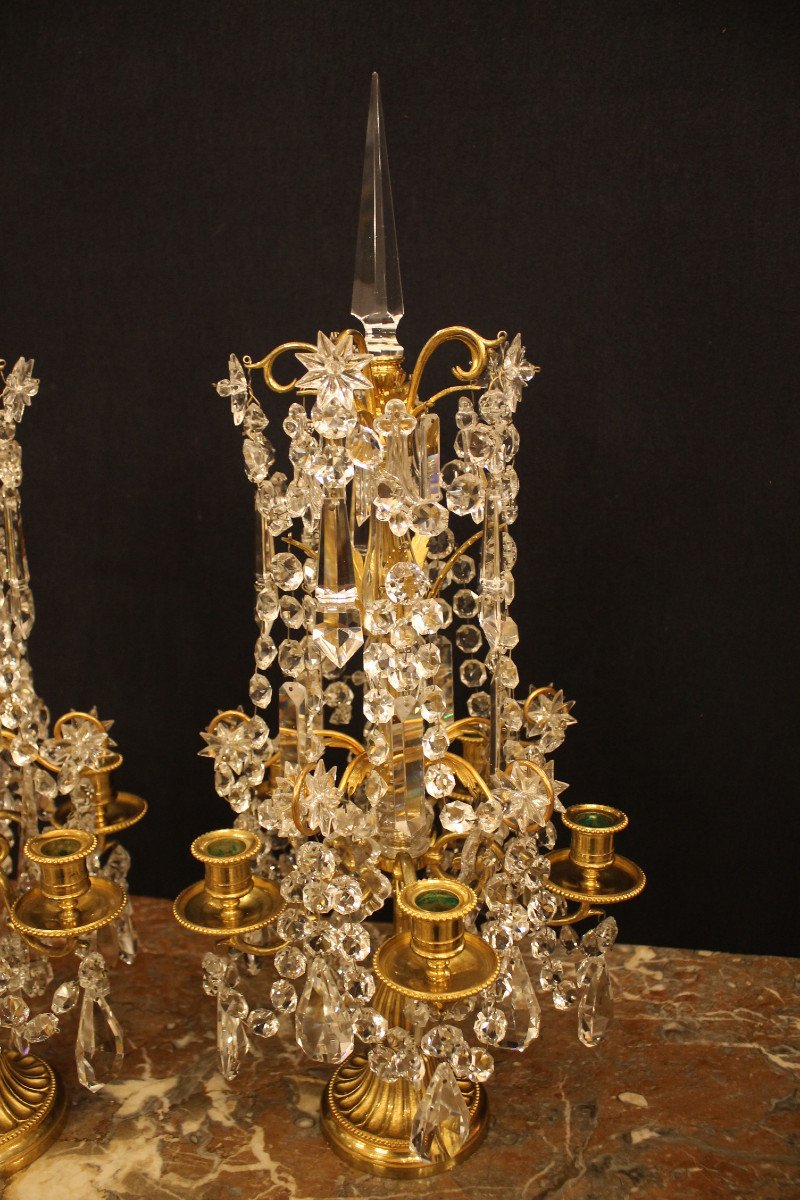 Pair Of Girandoles With Five Lights In Bronze And Baccarat Crystal, Napoleon III Period-photo-2