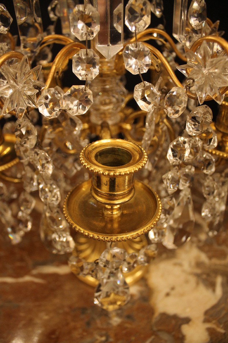 Pair Of Girandoles With Five Lights In Bronze And Baccarat Crystal, Napoleon III Period-photo-4