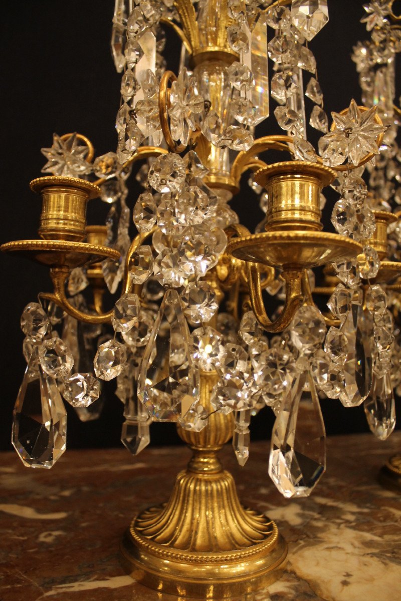 Pair Of Girandoles With Five Lights In Bronze And Baccarat Crystal, Napoleon III Period-photo-2