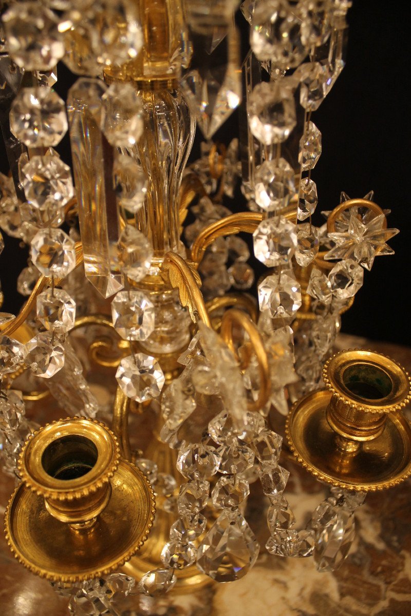 Pair Of Girandoles With Five Lights In Bronze And Baccarat Crystal, Napoleon III Period-photo-5