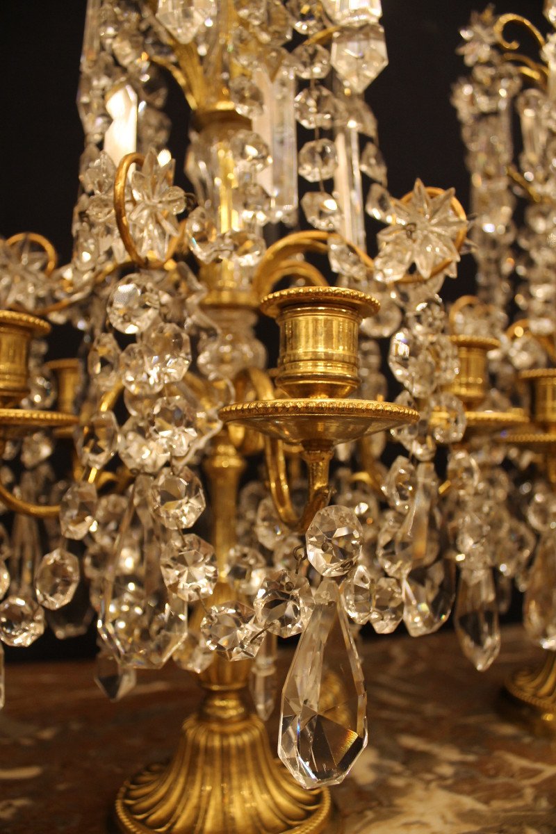 Pair Of Girandoles With Five Lights In Bronze And Baccarat Crystal, Napoleon III Period-photo-6