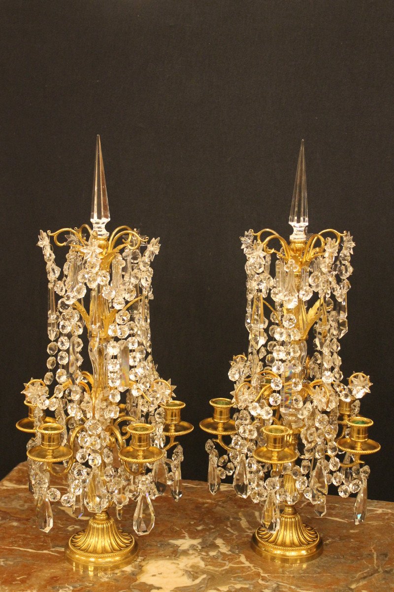 Pair Of Girandoles With Five Lights In Bronze And Baccarat Crystal, Napoleon III Period