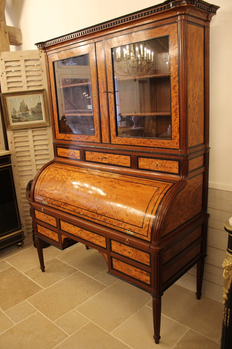 Bureau à Cylindre En Acajou Et Bois Citron, Travail Bordelais d'époque Louis XVI-photo-4