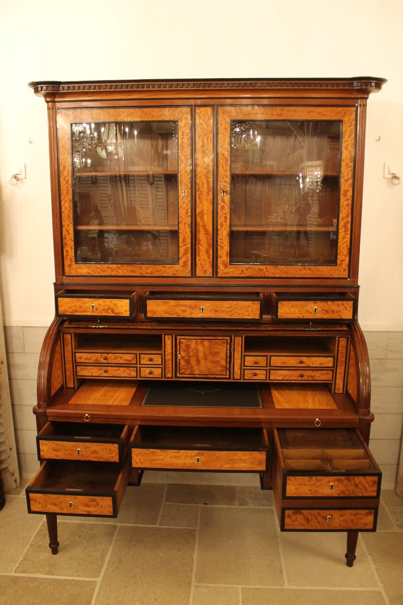 Bureau à Cylindre En Acajou Et Bois Citron, Travail Bordelais d'époque Louis XVI-photo-3