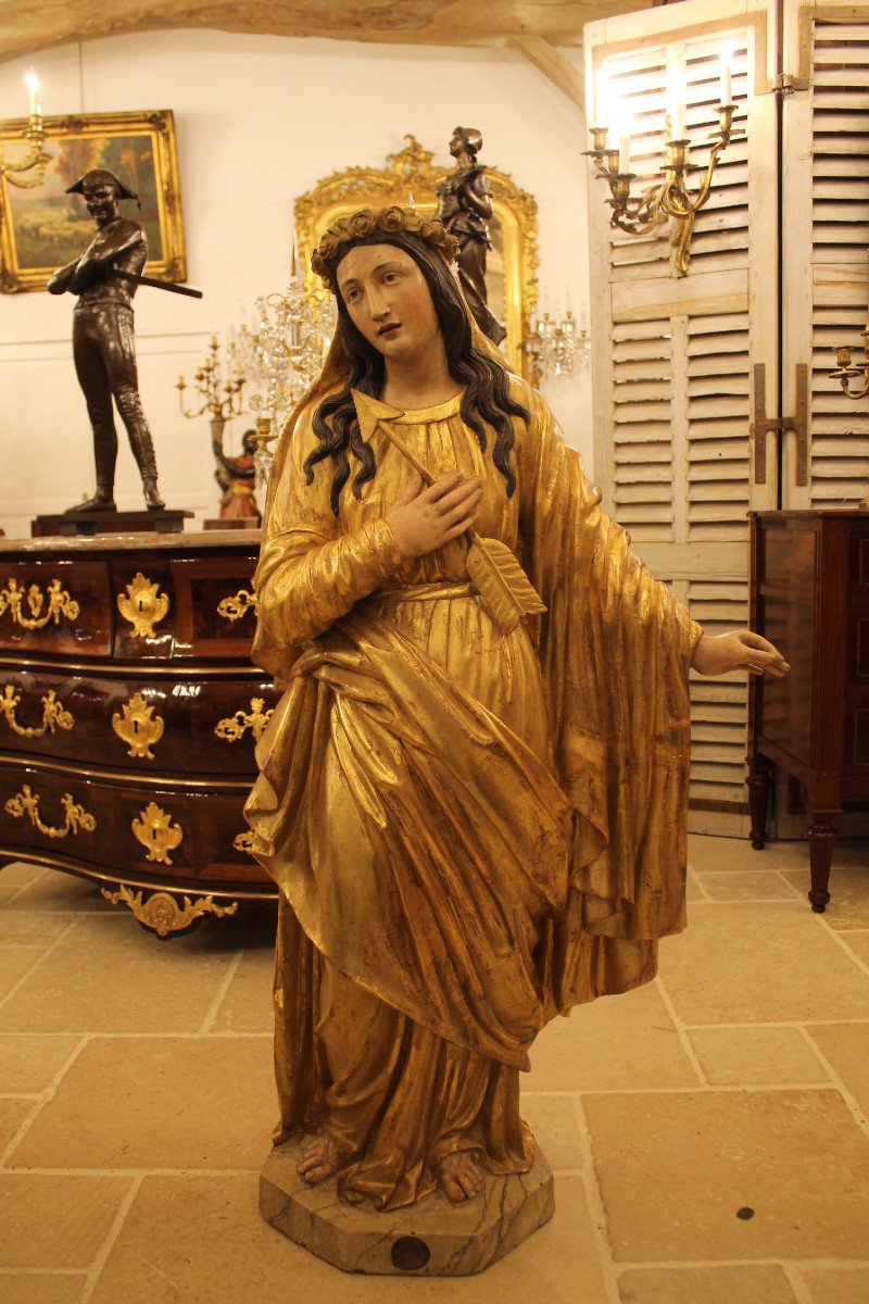 Sainte Rose - Importante Sculpture En Bois Doré Et Polychromé, Epoque XIXème Siècle