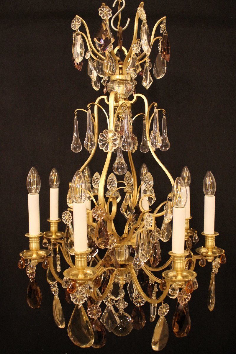 Cage Chandelier With 8 Lights In Bronze And Crystal, Attributed To Baguès, Circa 1900-photo-2