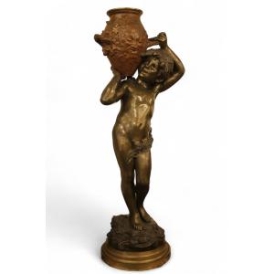 Auguste Moreau (1834-1917) - Enfant à La Jarre , Grande Sculpture En Bronze