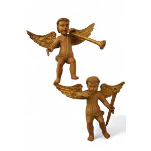 Pair Of Cherubs In Polychrome Carved Wood, Eighteenth Time