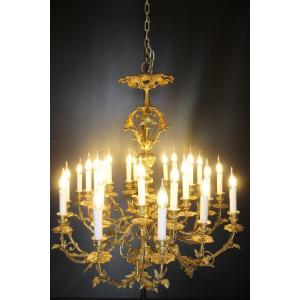 Large Louis XV Style Chandelier In Gilt Bronze With 24 Lights, Mid-19th Century